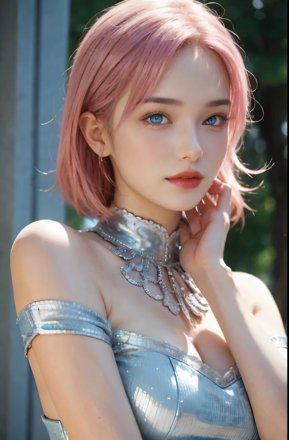 best quality, ultra high resolution, (realistic:1.4), (detailed beautiful girl:1.4), (medium chest:0.8), looking for_~to_viewer, Detailed facial details, beautiful and delicate eyes,pink hair, blue eyes, slim, an unforgettable smile, (assembly:0.3), red lips, Clothes with excellent details, (Ulzzang-6500-v1.1:0.3)