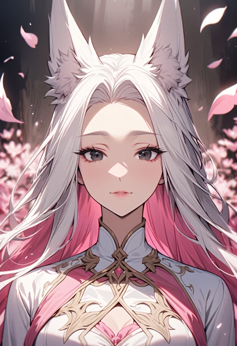 female, white hair, pink hair, long hair, black eyes, pretty, beautiful, beautiful color, mature, dress, flying petals, super detail, beautiful color, peerless beauty, pure, adult, calm face, fox ears, micro face, deep chin, kind, main face, front face,  long bangs, mature
