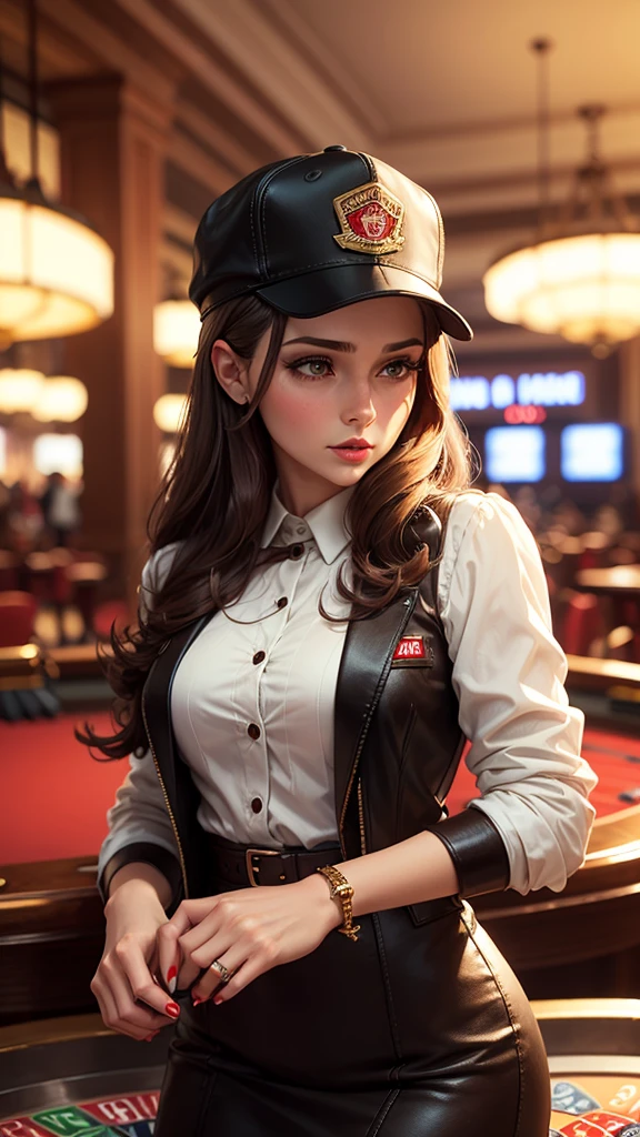 Brown hair woman doll in casino with cap,that the cap has the following inscription: JAQUI