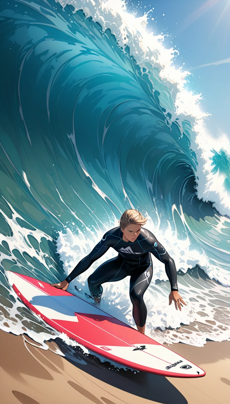 Surfer wearing surfboard.Wear professional gear.When the wave takes shape,Quickly stand on the surfboard and maintain balance.,Flexible control of the direction and speed of your surfboard.Beautiful and extremely textured foreground and background,detailed, bright, Animation style high definition and high quality presentation((Masterpieces in up to 16K resolution):1.6),((soft_color_photography:)1.5), ((Super detailed):1.4),((Typical static images and dynamic angles):1.3), ( perfect anatomy )Complex patterns, soft shadows, highly detailed structures, digital art, high detail,