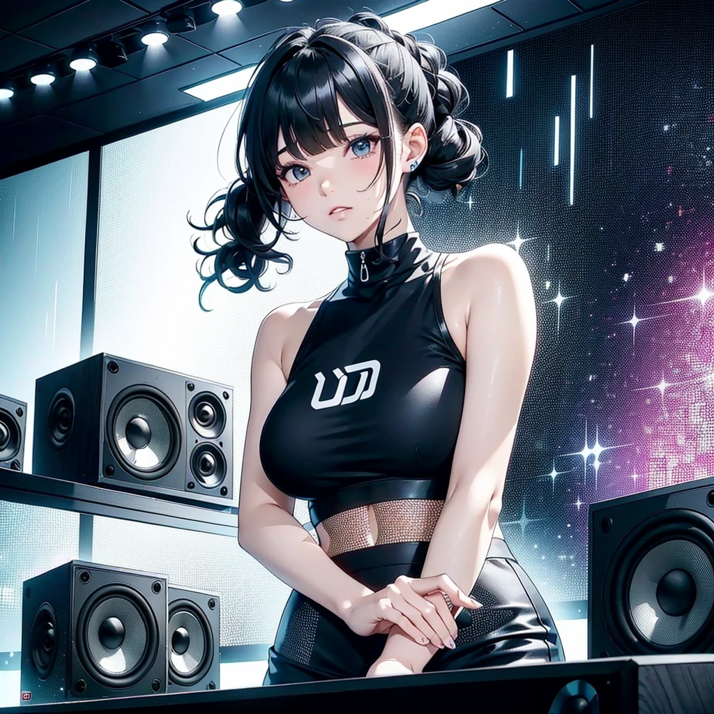 translate masuter piece、super-fine、A hyper-realistic、Handsome male artist in DJ outfit with black top and headphones、dj set、Sportsbra、dj rave headphones, Sportsbra, headphones、dj at a party、 dj rave party、CGstation、( ((Huge speaker in the background)))、((((All the walls are speakers)))、(curly hair with bangs tied back )、Beautiful hair、interior color、 smoky from English