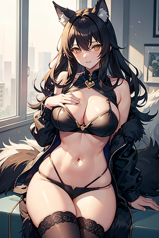 Furry wolf girl, large chest, large thighs