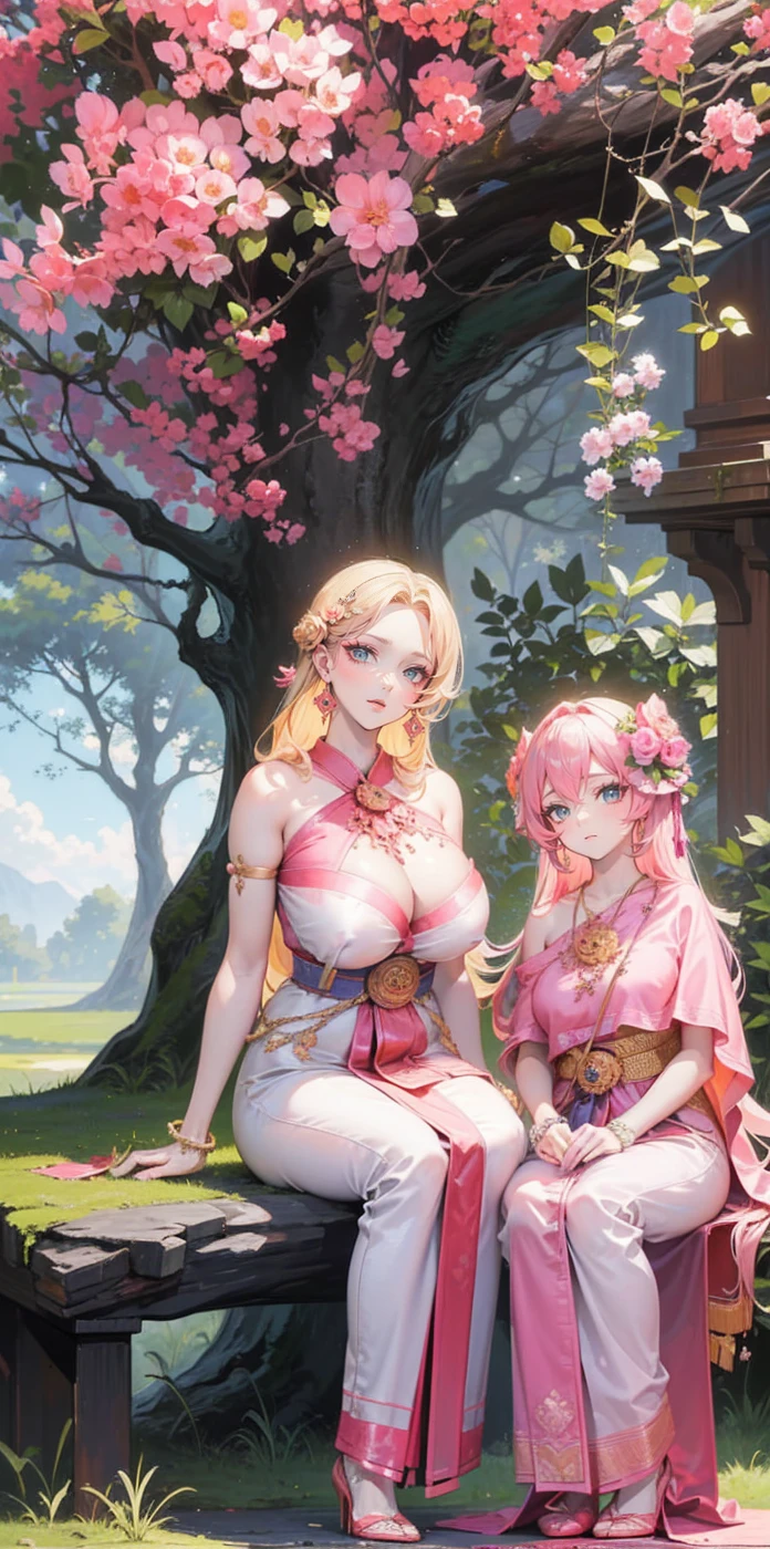 (2 young women ,beautiful woman),folk girl,long, blonde hair , blue eyes , braid ,Purple Thai dress,กระโปรงไทยโบราณlong,holding a jasmine garland,countryside,countryside,beautiful scenery,Ancient ruins of Ayutthaya,smile with teeth,forehead,forehead exposed,big ,rift, ,(2 young women ,beautiful woman),หน้าอกbig,Show your breasts,The cracks are clear.....,((หัวนมbig)),(pubic bone), rift, visible chest,seductive pose,I see bulging nipples.,(((areolae ขนาดbig:1.4,pink,The nipples are clearly visible........))),(Separate outfit showing nipples:1.4), (semi-naked:1.8)