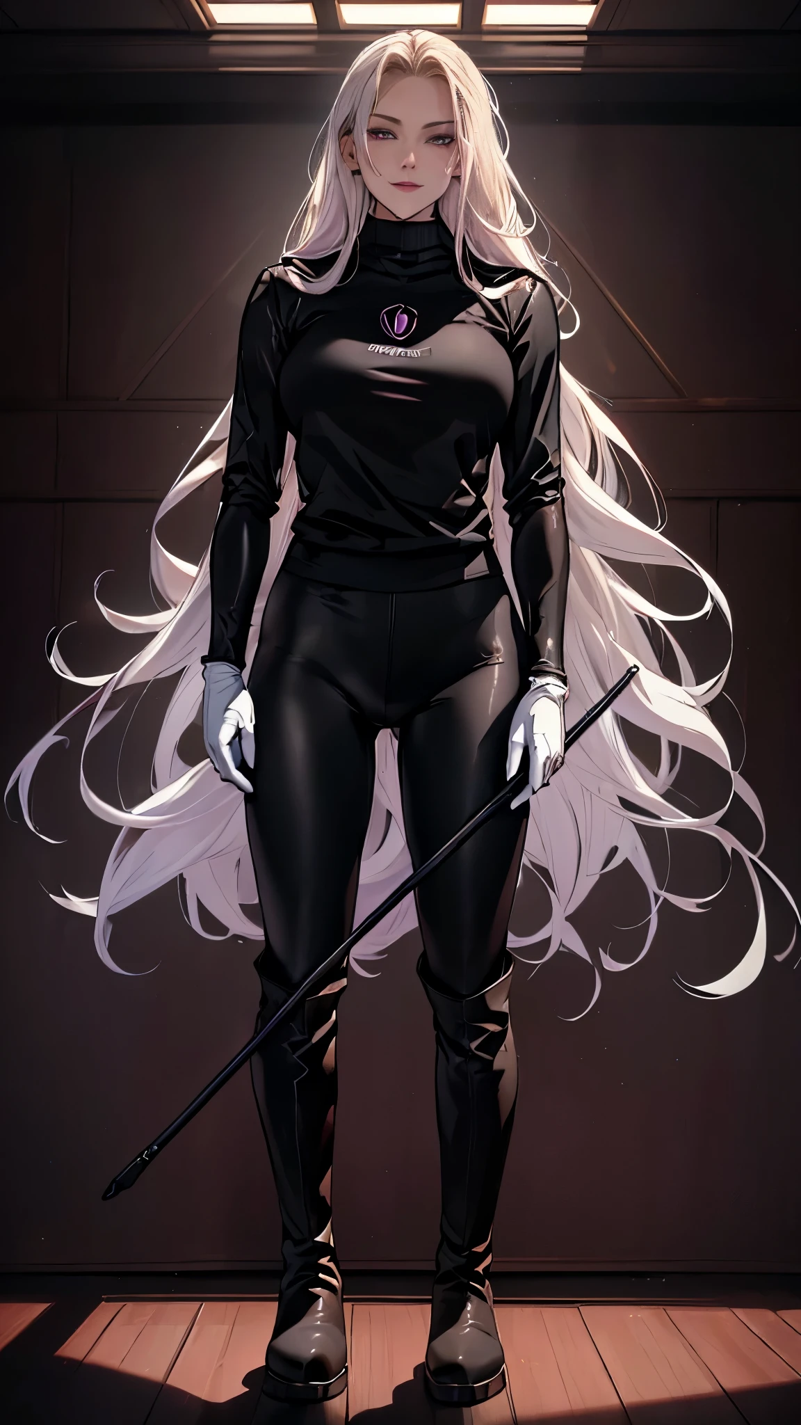 (highest resolution, distinct_image) best quality, a woman, solo, masterpiece, highly detailed, semi realistic, blonde hair, bangs, 18 years old, mature, young, tall strong, uniform, military uniform( large indoor background), cold, serious, tall, handsome, autocratic, powerful, exquisite facial features, exquisite facial features, (full body)(black knee-high boots:1.4)(dominatrix:0.3)(white Yoga pants:1.3),(gloves:1.5)(long sleeves),(active sportswear sweatshirt),solo,1girl,(looking at viewer),(from below:0.9)(head turned upwards:0.3)(smiling:0.4)(bodysuit:0.3)(holding riding crop:1.2)(muscular:0.8)(shirt tucket in pants)(parquet flooring)(standing on floor)(pretty eyes)(staring)(yandere), pink eyes, white hair, superior smirk, smiling, devious, anime look, detailed drawing, manga, illustration , glowing violet eyes, superior, smug,tsumire , pretty eyes, pretty face