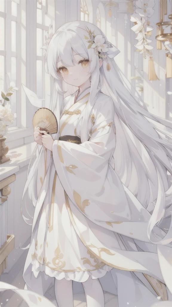 (best quality, High resolution, Super detailed:1.2), beautiful long white hair, Stunning golden eyes, Beautifully designed white folding fan, Bailongjiao, elegant lights, pastel color palette,White Hanfu,white stockings