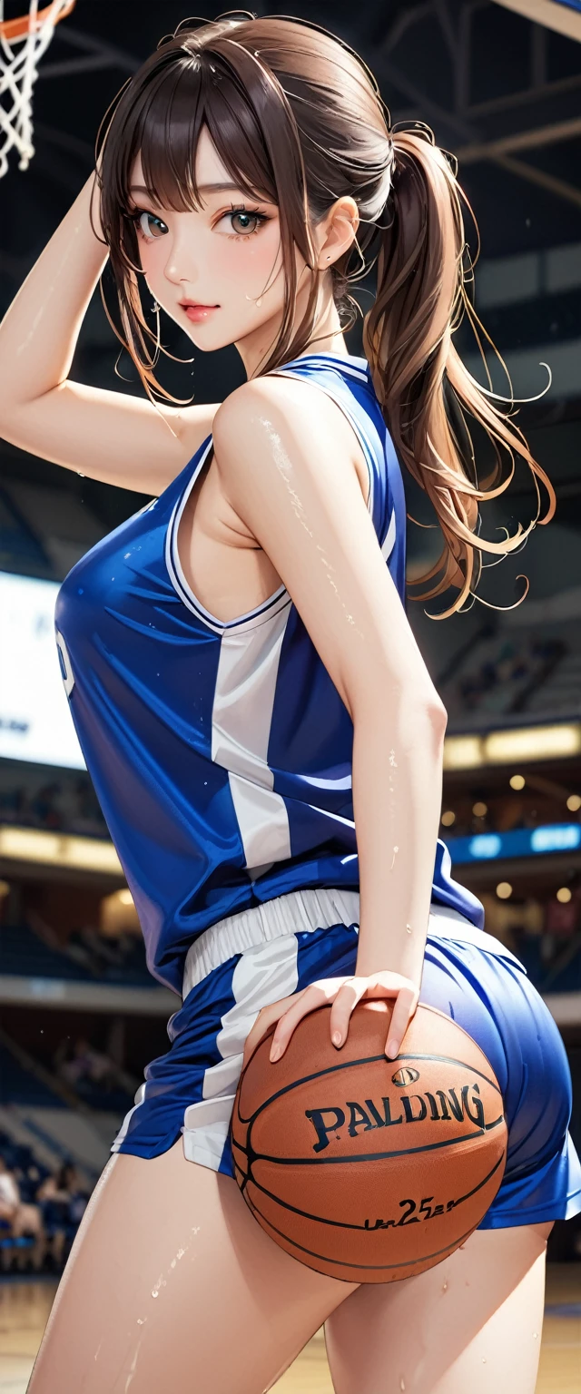 (masterpiece, Highest quality, Ultra-high resolution), Japanese women, (((Very beautiful 25 year old girl))), pretty girl, Look at the photographer, ((Beautiful low ponytail)), Very cute face, Glossy Lips, Double eyelids on both eyes, Natural smile, Natural Makeup, Long eyelashes, Shiny and smooth hair, Center image, Perfect limbs, Perfect Anatomy, (((Basketball Sleeveless Uniform))), (Wet with sweat), Looking Back