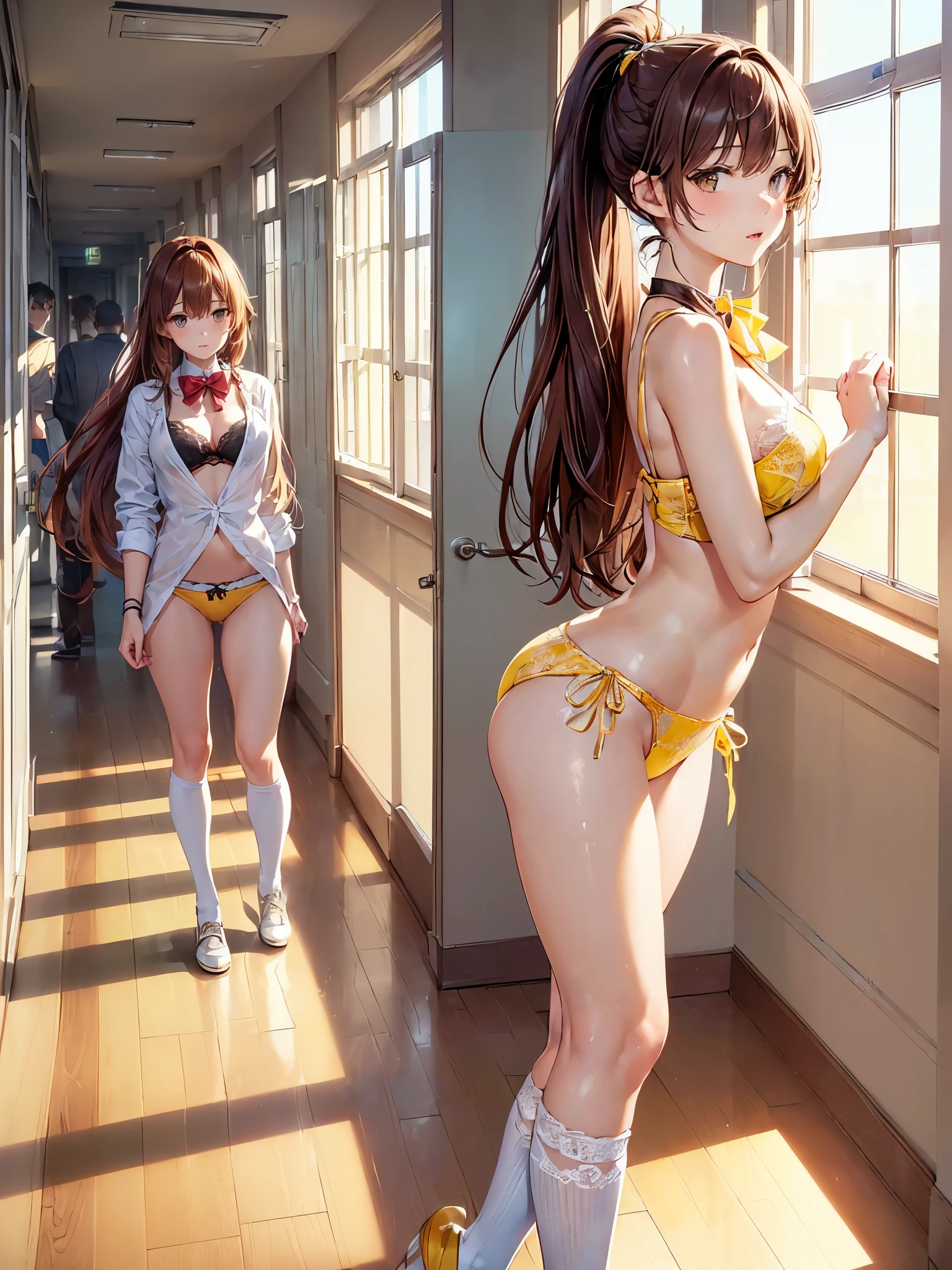 (((masterpiece, Highest quality, High resolution, 超High resolution, Perfect Pixel, Depth of written boundary, 4K, RTTX 10.0))), Beautiful Anime Woman, Beautiful art style, Anime characters, ((Smooth texture, Realistic texture, Anime CG Style)), Perfect and accurate finger count、Exact number of legs、(Exact number of arms:1.0, Exact number of hands:1.0), (Perfect hands, Perfect Anatomy), Cinematic, Realistic, Extremely detailed CG, Daytime lighting, Perfect lighting, Best Shadow, The best natural light, whole body, Perfect body, バランスのとれたPerfect body, Perfectly balanced style, Soft body, Slender body, ((bangs, Reddish brown hair, Long Hair, ponytail)), ((A cute adult woman is walking:1.8)), ((Bow tie around neck:1.3), (Sexy and cute yellow underwear:1.3), (Stylish shiny yellow satin panties, Side-tie panties, Panties with plain yellow center and lace decoration on the sides:1.3), (Yellow micro lace satin bra, Yellow bra with large lace trim around the edges:1.3), (Knee-high socks:1.3):1.4), (Beautiful big boobs:1.1), (Embarrassed expression:1.5), blush, (School corridor, Corridor with windows, Long corridor, In the background, there are many male students walking., The boys are paying attention to the girls:1.7), naked, In underwear, Only bra, panties and knee socks, School shoes, Angle from below the front