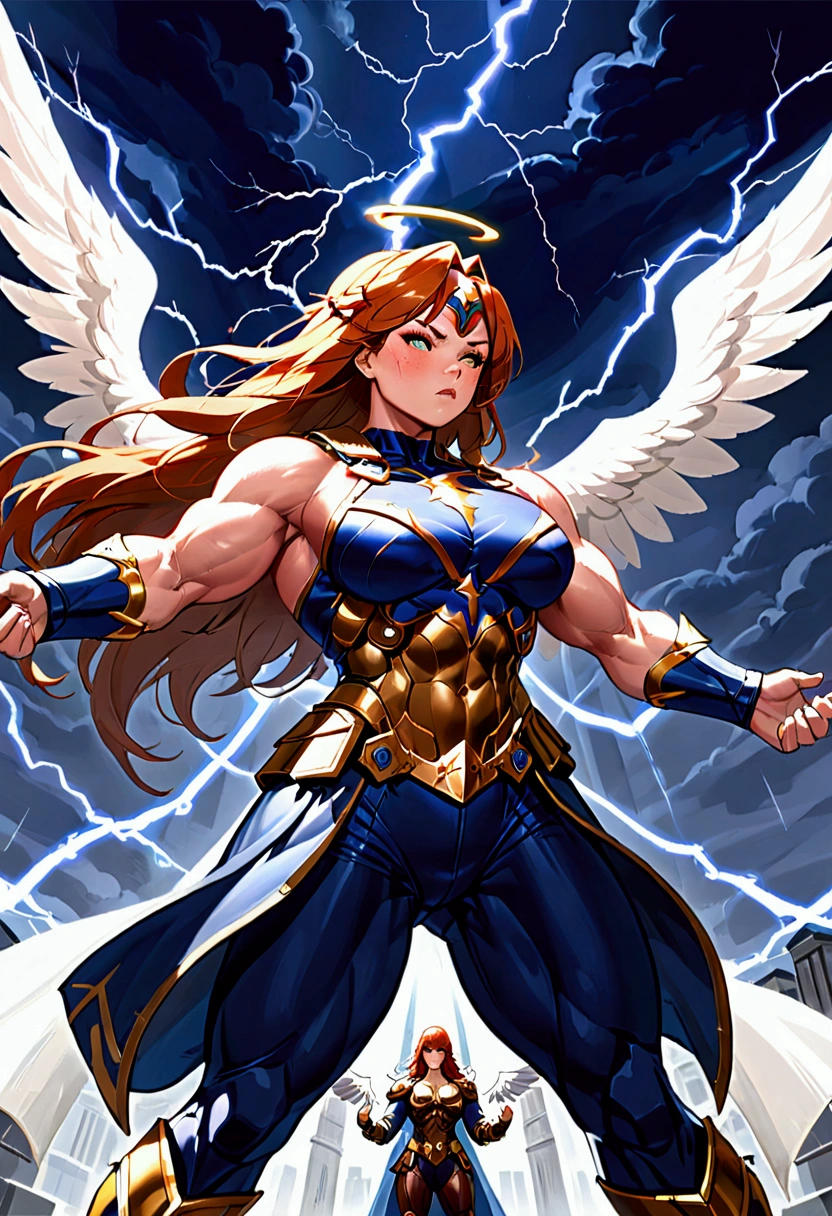 a_mighty_female_Valkyrie (((strong big muscles, heavy weighted))) a_sisters_veil_on_head (a navy blue veil) skin_color (light brown skin with freckles on face) eye_color (eyes are green) hair_color (brown and orange hair) armor_for_torso (silver gray armor) pants (bell bottom pants blue) high_heel_boots (white high heel boots) super_power_of_lightning ((casting lightning from hands)) (((masterpiece, Best quality, amazing, beautiful, heroic, saving the day, high resolution, angel wings)))