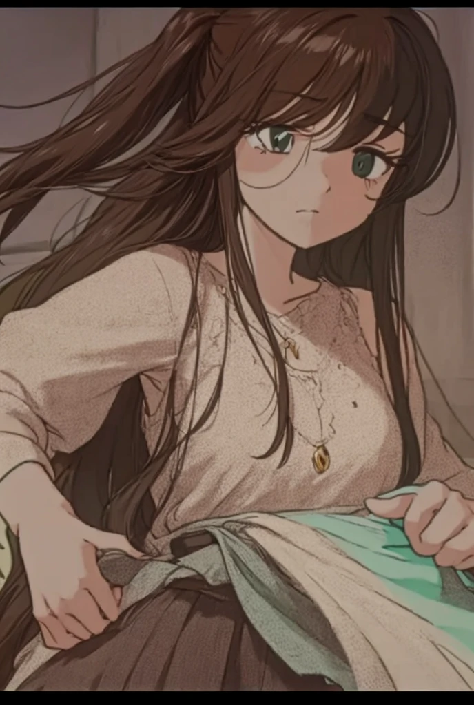 A beautiful woman with long hair stands with a sad expression。