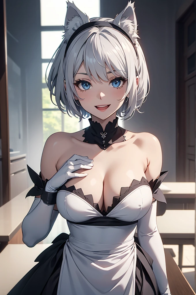 Tabletop　High resolution　Best image quality　8k　full body picture, Adult female　flirting with viewer, Anime Style　White long gloves(Elbow Gloves)　cuffs　White maid outfit（Strapless）stockings　White wolf ears　short hair（（Shortcuts）（Gray Hair）（Perm）（fluffy））　blue eyes　Attractive face（（Laughter）（smile）(large breast's)（Open your mouth）