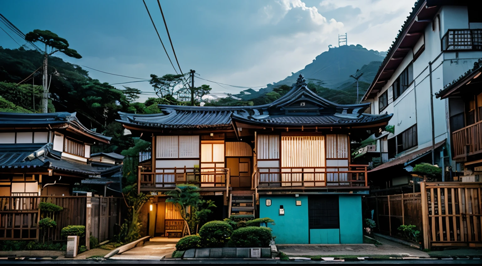 Namaste. japanese house, in a clean favela in Rio de Janeiro. details Intricate. cinematic lighting. Strong and bright colors
