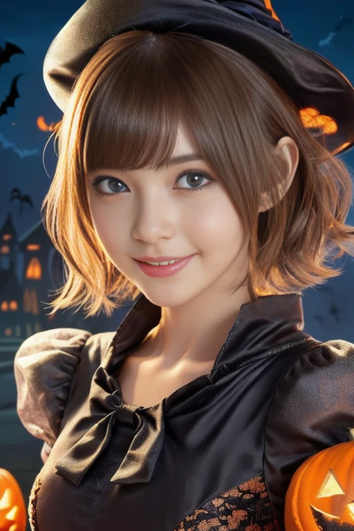 ((from below,upper body),a 25 years old girl, detailed cutie face, Beautiful, evenly balanced, detailed eyes, detailed dropped eyes, beautiful charming smile, extremely detailed face,slender body,short hair,anime style, (halloween costume):2.0), Highres fix,colorful lights, pumpkin decorations, haunted house, best quality, 4K, highres, masterpiece, realistic, photorealistic, photo-realistic, vivid colors, intricate details, fantasy, soft lighting, magical