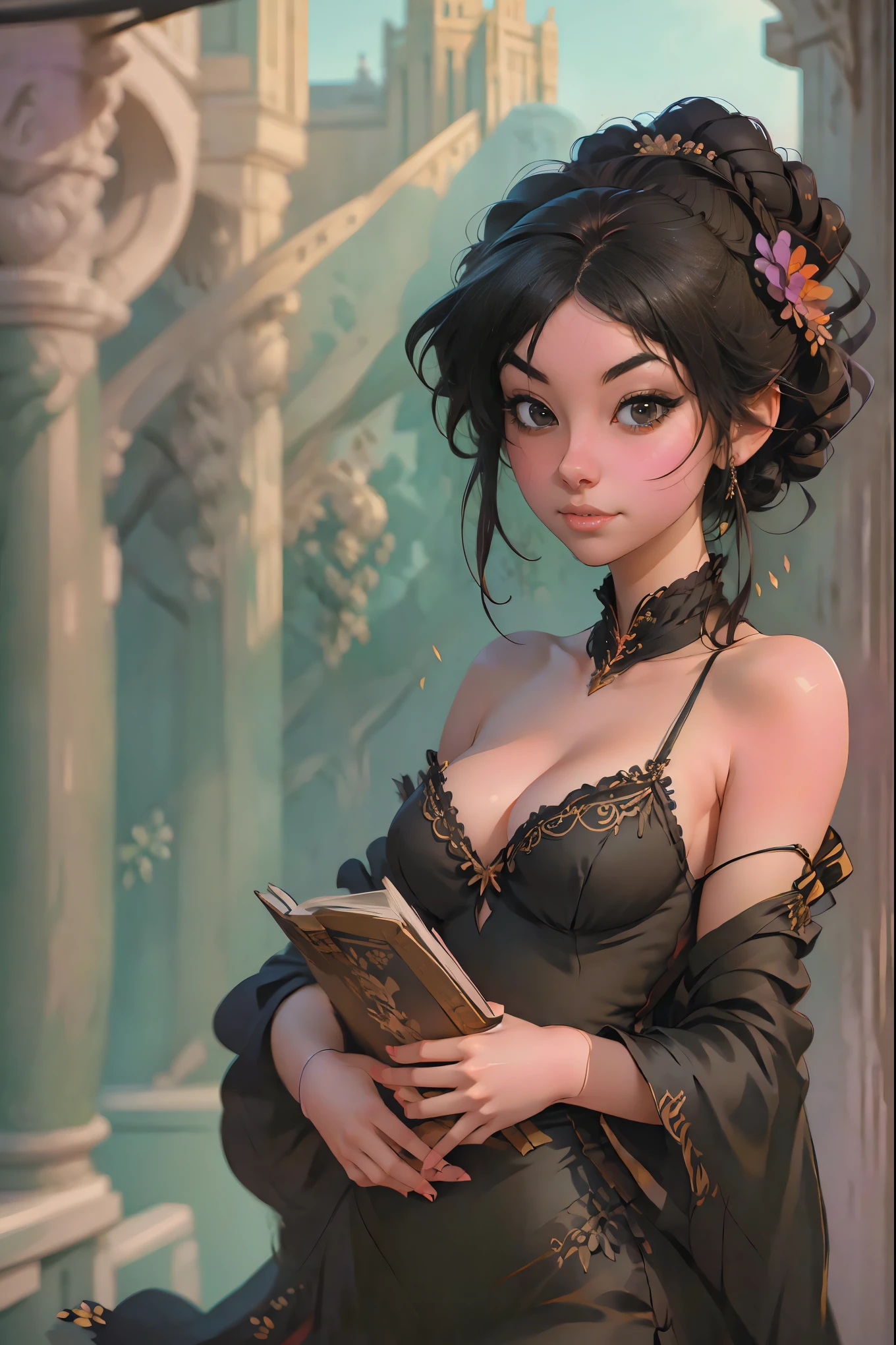 a painting of a woman in a black dress holding a book, by Russell Dongjun Lu, artwork in the style of guweiz, guweiz on artstation pixiv, guweiz on pixiv artstation, 🌺 cgsociety, by Yanjun Cheng, guweiz masterpiece, gothic princess portrait, cgsociety 4k”, the style of wlop