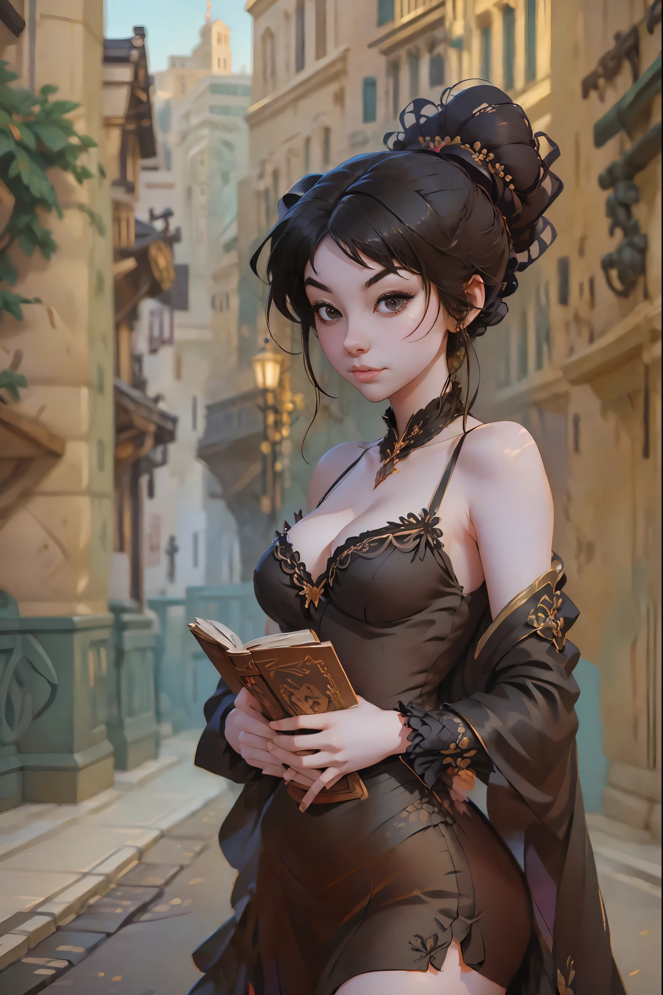 a painting of a woman in a black dress holding a book, by Russell Dongjun Lu, artwork in the style of guweiz, guweiz on artstation pixiv, guweiz on pixiv artstation, 🌺 cgsociety, by Yanjun Cheng, guweiz masterpiece, gothic princess portrait, cgsociety 4k”, the style of wlop