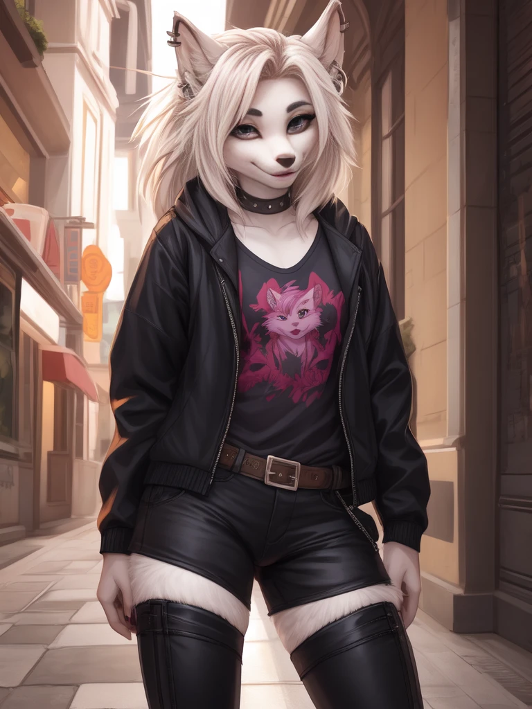 Anthropomorphic character, furrygirl, perfect body, looking at the viewer, provocative look, smilling, wearing a very attractive and cool street outfit, wearing some piercings, very beautiful appearance, original character