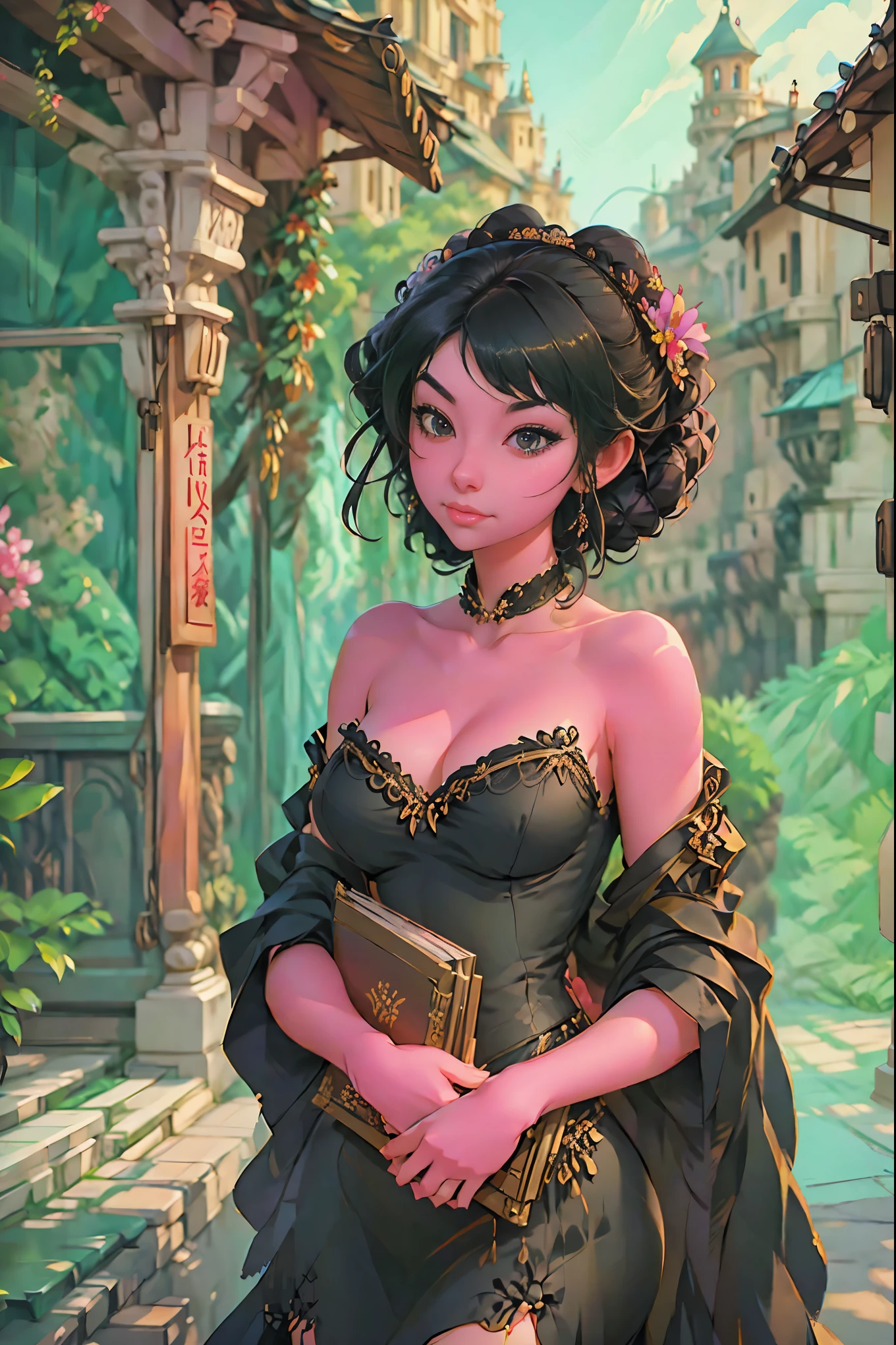 a painting of a woman in a black dress holding a book, by Russell Dongjun Lu, artwork in the style of guweiz, guweiz on artstation pixiv, guweiz on pixiv artstation, 🌺 cgsociety, by Yanjun Cheng, guweiz masterpiece, gothic princess portrait, cgsociety 4k”, the style of wlop