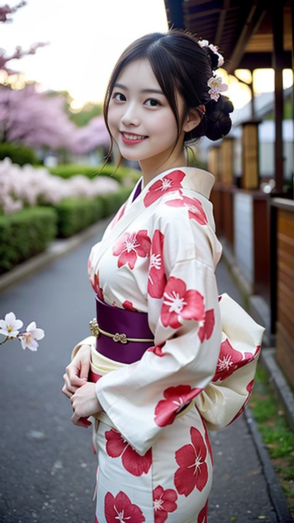 ((Kimono))、((Bright cherry blossom pattern kimono))、(full body Esbian)、（The background is the precincts of the shrine)、(top-quality,​masterpiece:1.4、超A high resolution)、(ultra-detailliert、Caustics)、(Photorealsitic:1.4、RAW shooting)、Ultra-realistic capture、A highly detailed、 Skin texture is natural、Single Female、(voluminous hair)、25-years old、The skin looks healthy with an even tone、 Use natural light and color、One Woman、japanes、A dark-haired、Middle hair、(Hair swaying in the wind:1.1)、Light in the eyes、Looking at the camera、Dimples、placket、White teeth