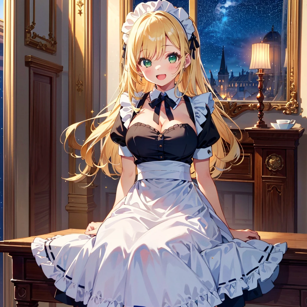 Cute, nice, beautiful, (pancakes: 0.8), 1 girl, blonde, long hair, green eyes, (stars in the eyes: 1.2), (maid outfit: 1.3), 8 , , young, big breasts, laughing, royal dining room