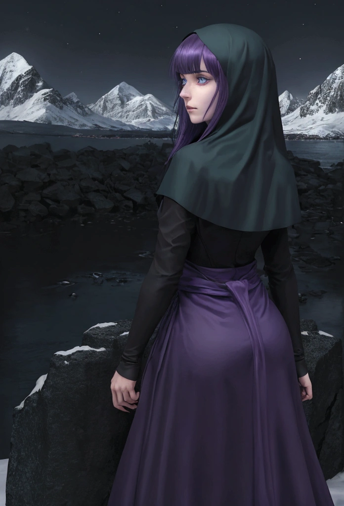 Facing away from viewer; anime; celshaded; A half elf nun dressed in black, with a navy blue band wrapped on top of her cowl, with purple hair and bangs and dark green eyes with a magical purple aura around her looking toward a giant snowy mountain at night
