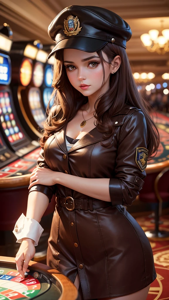 Brown hair woman doll in casino with cap,that the cap has the following letters:  S E Z K I N G S