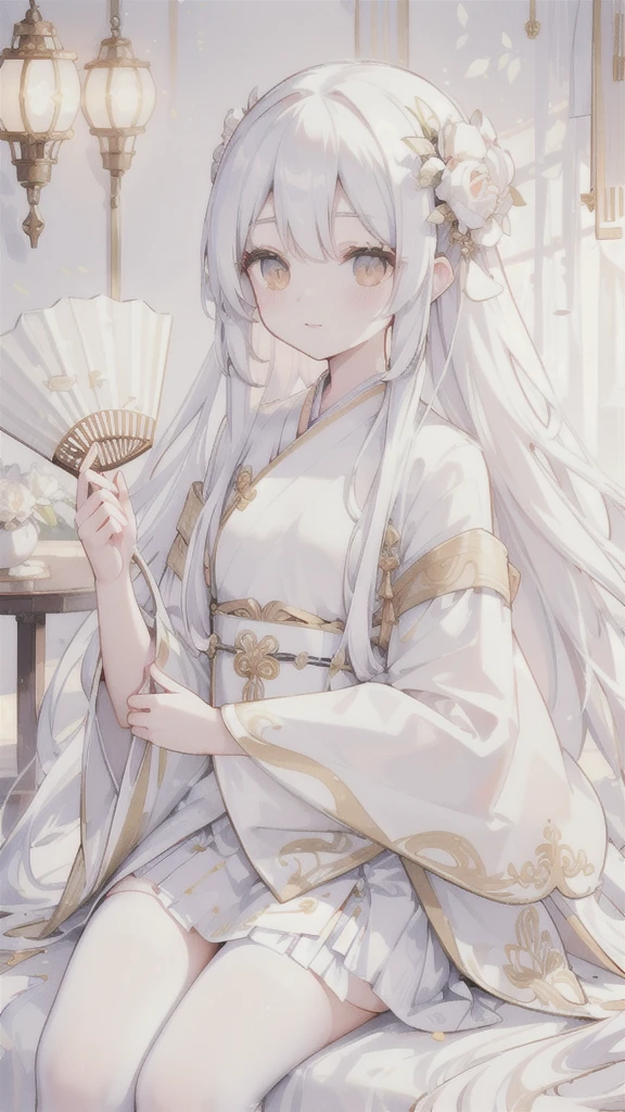 (best quality, High resolution, Super detailed:1.2), beautiful long white hair, Stunning golden eyes, Beautifully designed white folding fan, Bailongjiao, elegant lights, pastel color palette,White Hanfu,white stockings