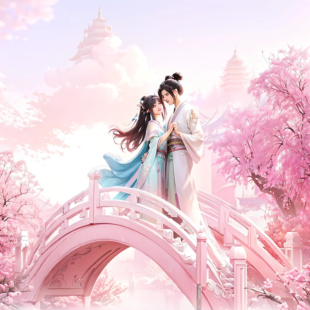 A man and a woman stand on a bridge in the middle of a pink forest, A beautiful artistic illustration, Popular on cgstation, Chinese Fantasy, White Hanfu, Beautiful digital artwork, Concept Art, Official Fanart, guweiz style artwork, palace , Girl wearing Hanfu, Boy Girl Traditional Romance, xianxia fantasy