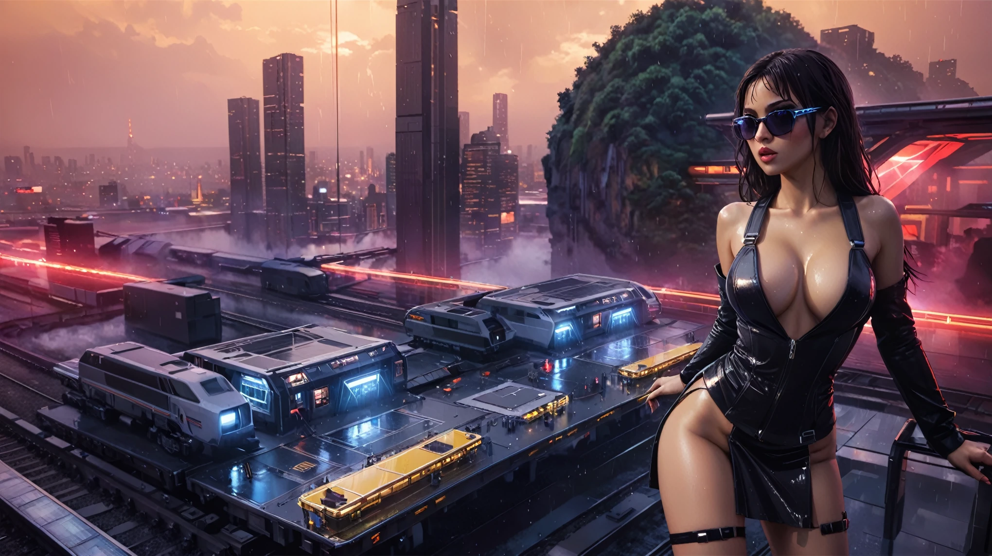 (aerial view), Blade Runner style futuristic railway platform, hi-tech train, neon lights, rainy night. (((1girl, solo, alone))), large-breast C-cup slim:0.9 body, cleavage:1.1, sexy miniskirt, (black sunglasses), ((holding a mini:1.2 pistol)), dynamic pose, half-body thigh level medium shot, cinematic lighting, ray tracing.