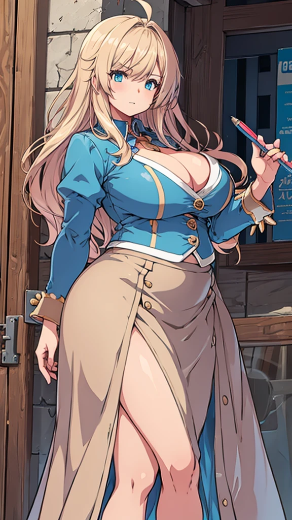 High detailed, 1 girl, light Brown long spiked hair, busty, firm plump body, , Juliet sleeves, pencil BLUE skirt, 