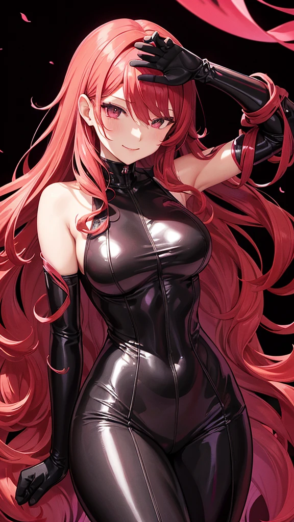 night、Persona 4 Mitsuru、Red hair long waves、Curly Hair、Black Background、Evil background、Hotel Bedroom、Sensual pink light、A shiny, deep pink rubber suit that wraps around the body、Upper Body、tall、Black long gloves、Upper Body、Evil female warrior、Fantasy、Condescending smile、Fallen into evil、Fall into Darkness、Sexy pose