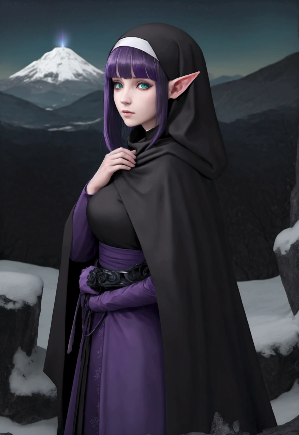 Facing away from viewer; anime; celshaded; A half elf nun dressed in black, wearing a black cowl with a navy blue band around it, with purple hair and bangs and dark green eyes with a magical purple aura around her looking toward a giant snowy mountain at night
