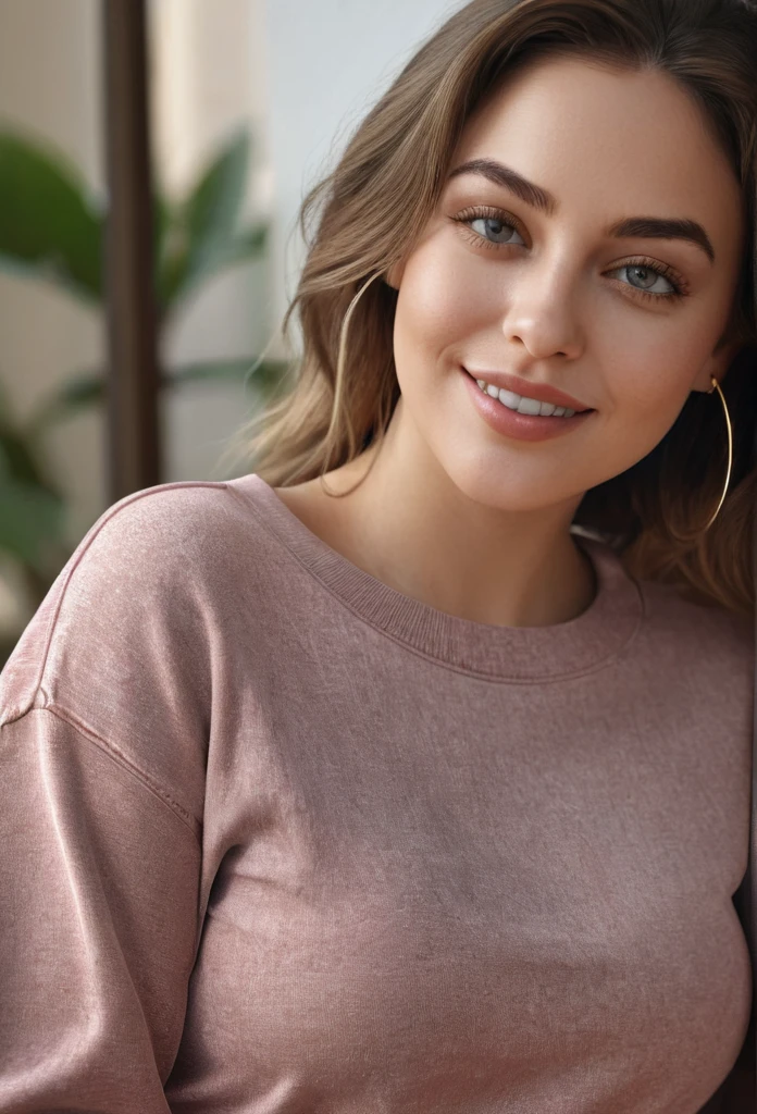 a woman flirty smiling, wearing a long sleeve tshirt with mom jeans, 30 years old, caroline gariba-kailee mandel-corinne day-alana fletcher-magalie villeneuve-fernanda suarez-christina kritkou-malika favre merged, entire body visible, short plump body, chubby, detailed facial features, beautiful detailed eyes, beautiful detailed lips, extremely detailed eyes and face, long eyelashes, detailed clothing, realistic, photorealistic, photo-realistic:1.37, best quality,4k,8k,highres,masterpiece:1.2,ultra-detailed,realistic lighting, warm color tones, soft focus, beautiful skin, natural expression