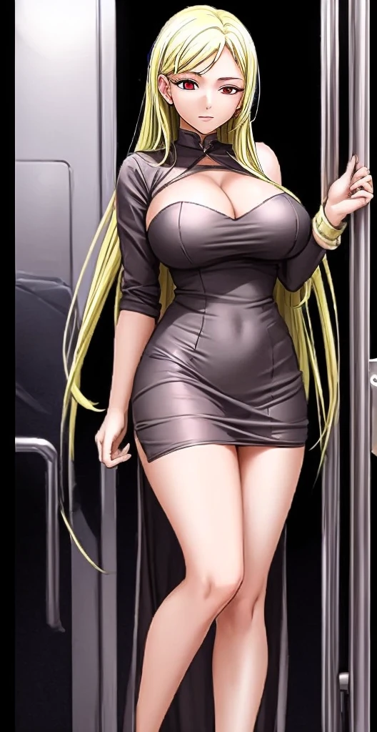 A beautiful woman with  and beautiful legs is standing on a train wearing a dress-like outfit that emphasizes her breasts.。