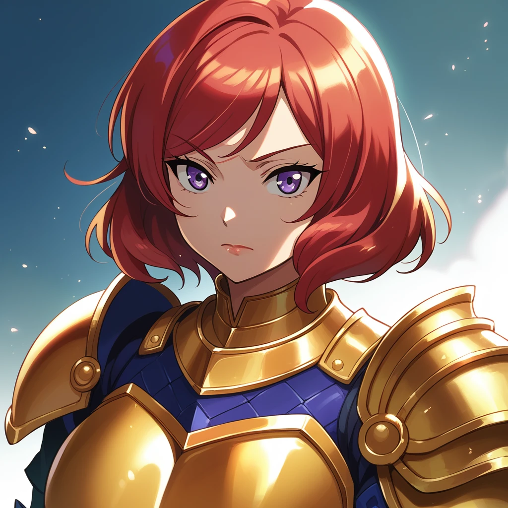 Nishikino maki, Purple eyes, red hair, short hair,(armor:1.2),Golden Armor , llchar, upper body,solo, big breasts,(lipstick:0.7),sun closed mouth