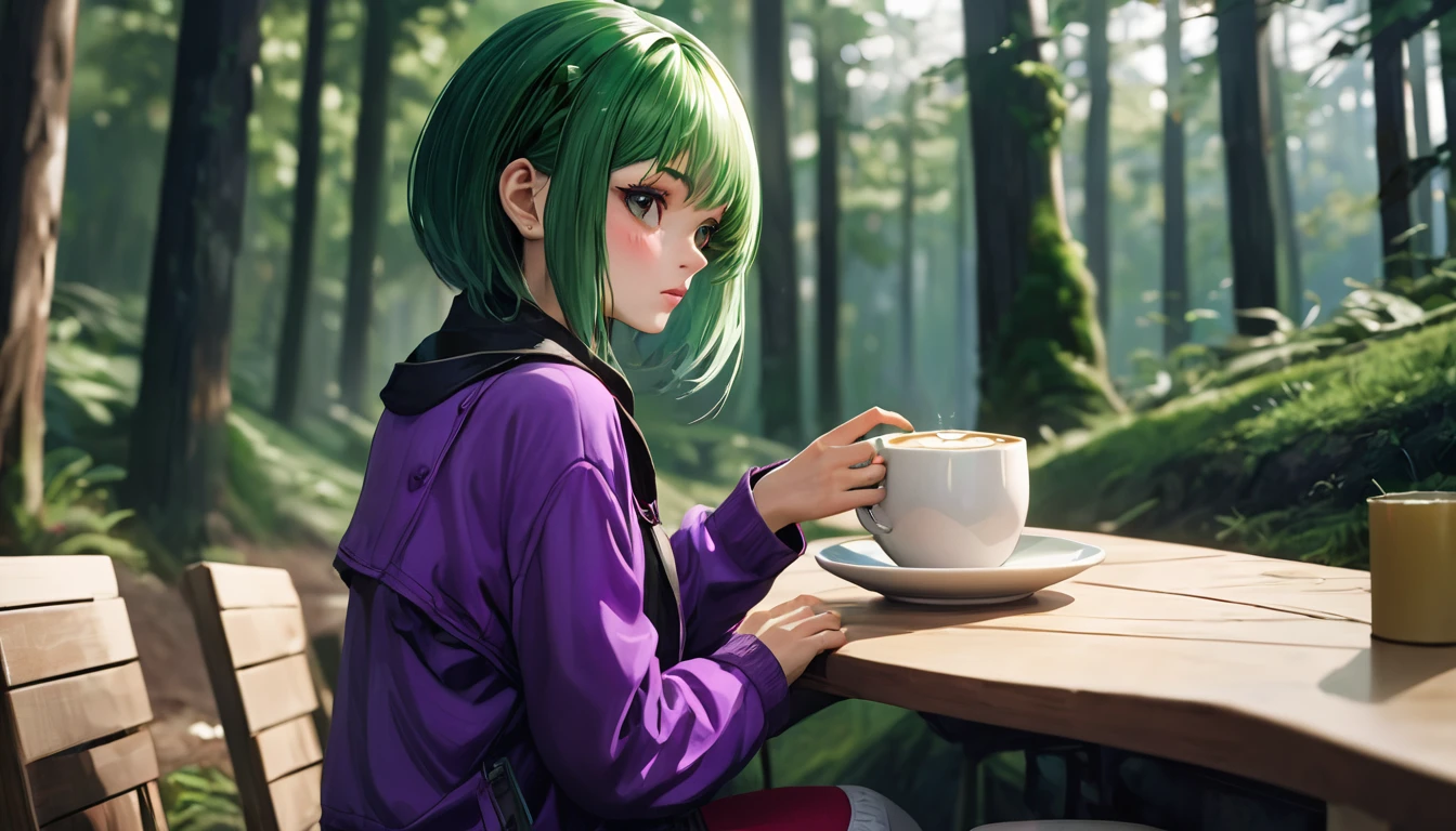 Latte 867, One girl, alone, (Forest Green Hair:1.2), Asymmetrical haircuts, (Purple clothes:1.2) masterpiece, Highest quality, photoRealistic, Realistic, (RAW Photos, 8K Ultra HD, Film Grain), Caustics, Scattered beneath the surface