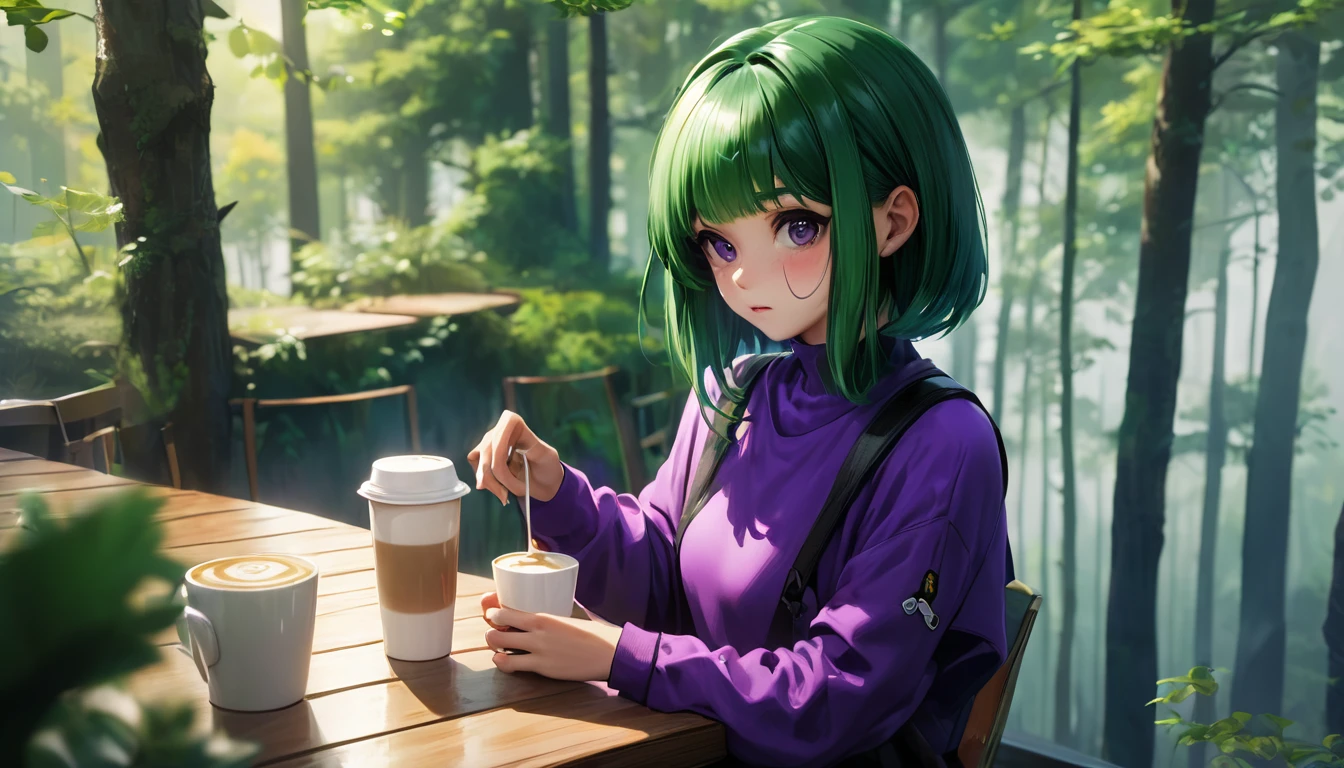 Latte 867, One girl, alone, (Forest Green Hair:1.2), Asymmetrical haircuts, (Purple clothes:1.2) masterpiece, Highest quality, photoRealistic, Realistic, (RAW Photos, 8K Ultra HD, Film Grain), Caustics, Scattered beneath the surface 