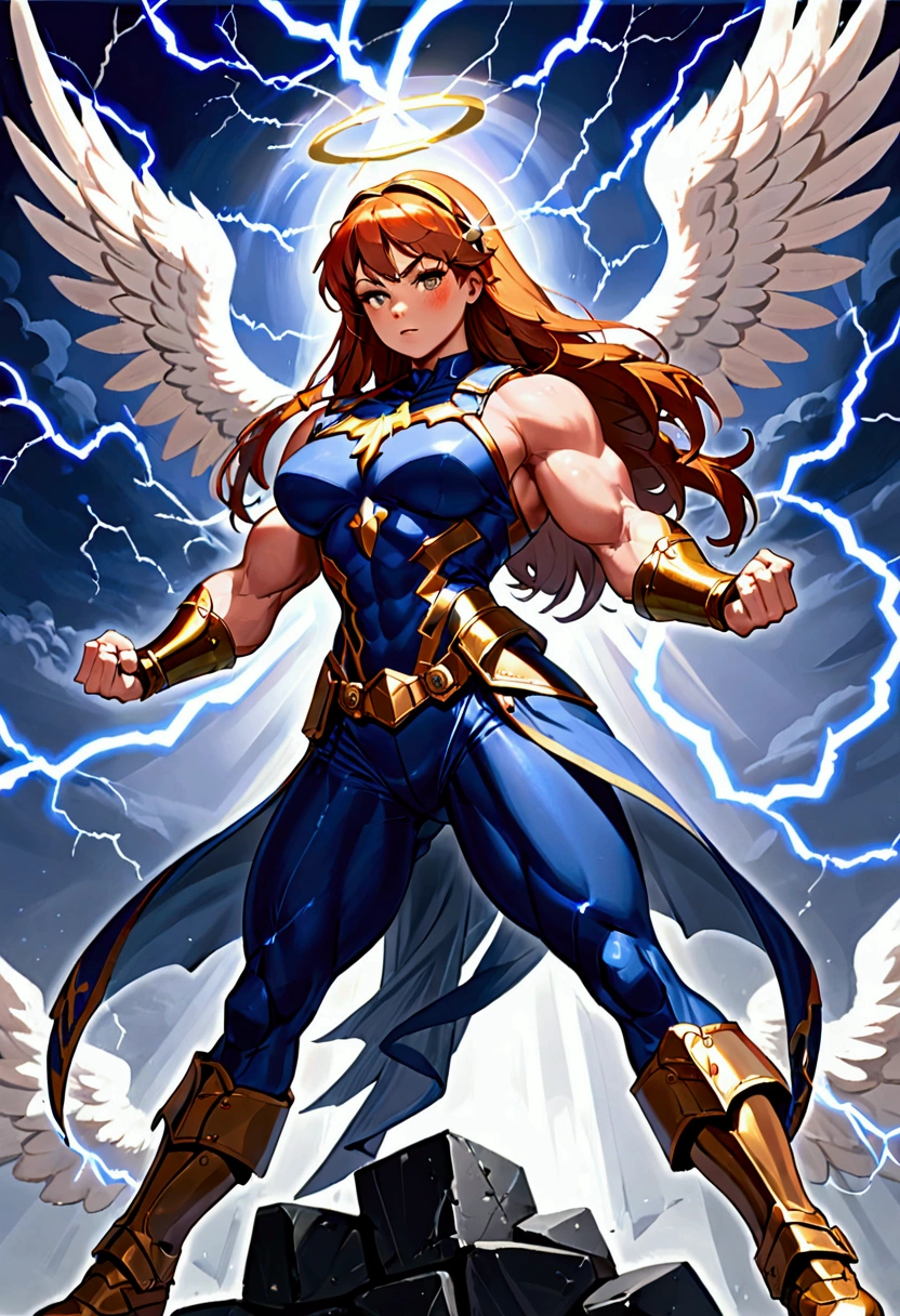 a_mighty_female_Valkyrie (((strong big muscles, heavy weighted))) a_sisters_veil_on_head (a navy blue veil) skin_color (light brown skin with freckles on face) eye_color (eyes are green) hair_color (brown and orange hair) armor_for_torso (silver gray armor) pants (bell bottom pants blue) high_heel_boots (white high heel boots) super_power_of_lightning ((casting lightning from hands)) (((masterpiece, Best quality, amazing, beautiful, heroic, saving the day, high resolution, angel wings)))