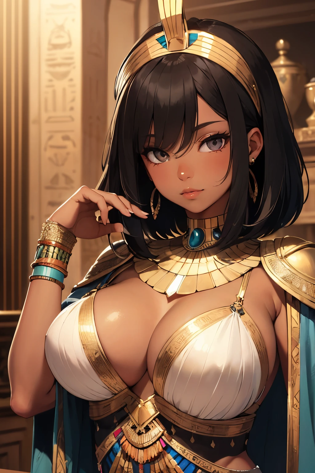 ((Highest quality)), ((masterpiece)), (detailed), Short Bob Hair, Black Hair, Egyptian national costume, Expose, Beauty, Big Breasts, Ecchi, Cleopatra, Brown skin, Hand only correction, Dark Skin