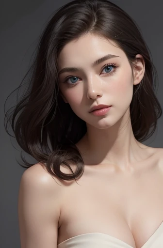 ((No NSFW)). Skin Tight Top:1.2, Looking at Viewer, Cinematic lighting, Perfect, softlight, High resolution skin:1.2, Realistic skin texture, A mature woman around 30 years old, with a small face, no-makeup, [[off shoulders]], Bust B Cup, Exposed cleavage, Blue eyes, Short-long hair, dark brown hair, nude, hair nude, [[not wearing any shirts]]. Gray background.