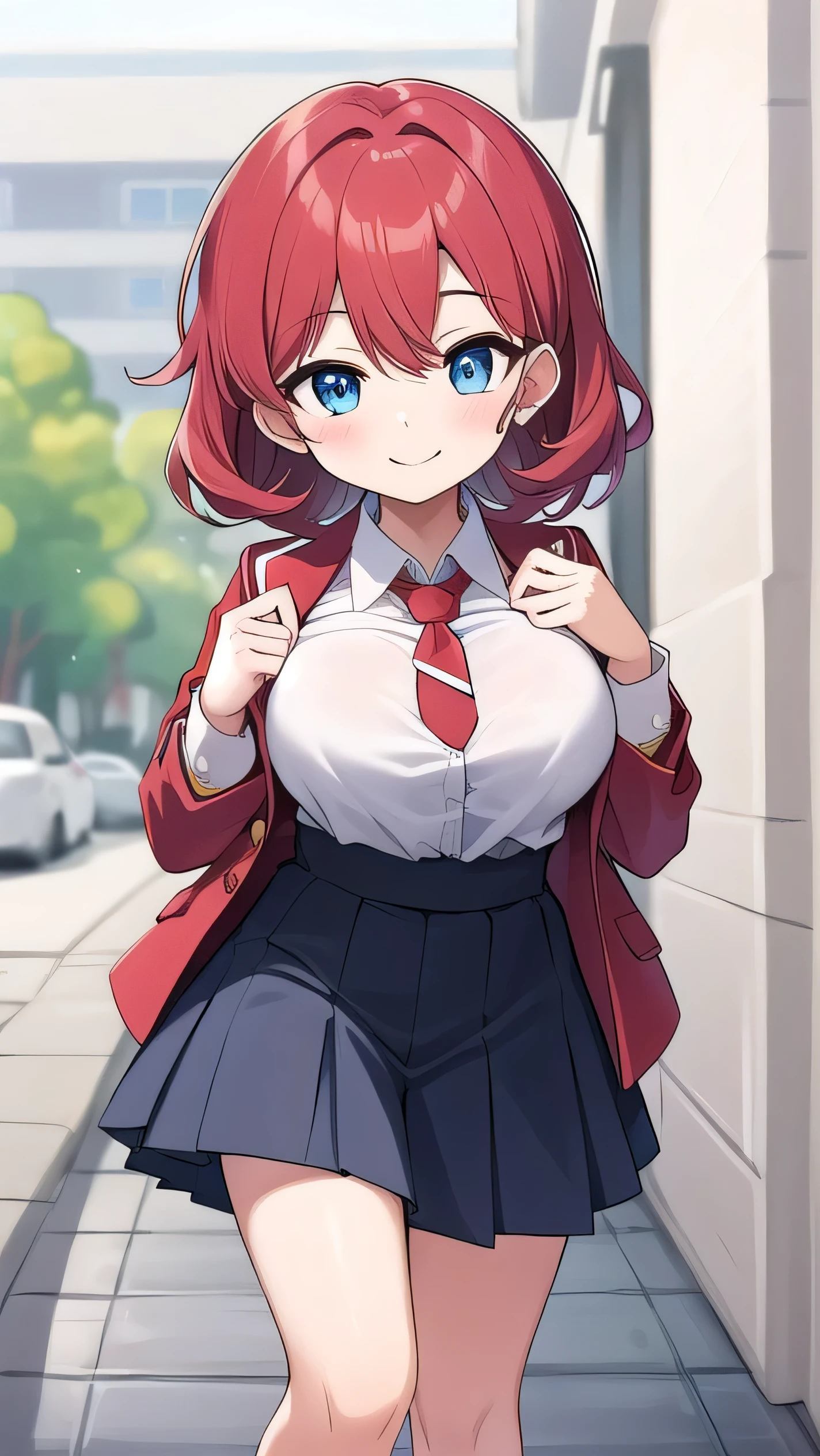 Big breasts, red hair, blue eyes, droopy eyes, red jacket, long sleeves, navy skirt, elementary school student, (super big breasts:1.1), (medium hair: 1.2), baggy clothes, elementary school student, young face, short height, , old, shy A shy guy, smiling a little, trying to open the buttons of his shirt, white shirt, red tie，(straight hair:1.2) , gentle smile, a little smile
