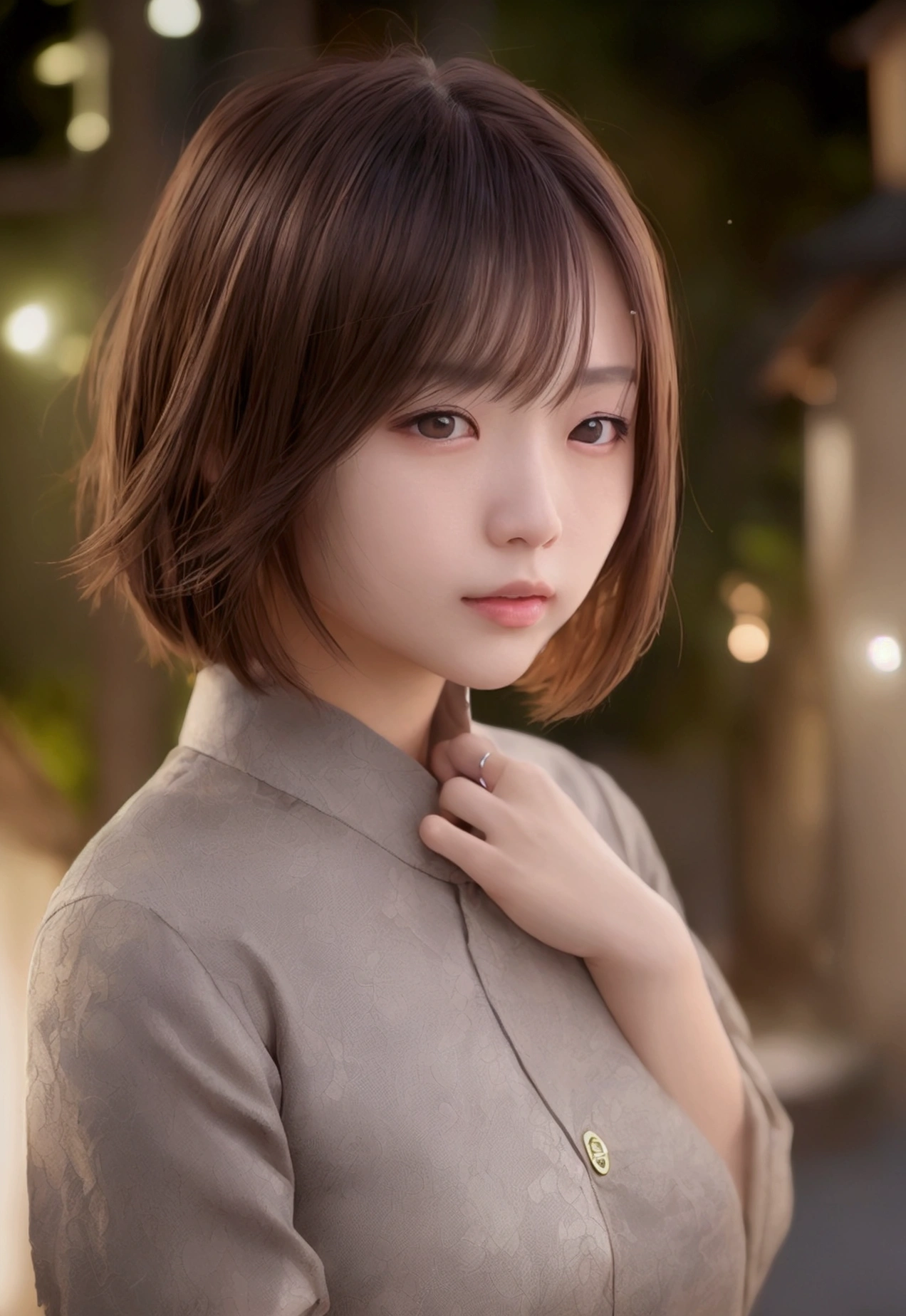 (highest quality,masterpiece:1.3,超A high resolution,),(Very detailed,Caustics),(Photorealistic:1.4,RAW shooting,)Ultra-Realistic Capture,Very detailed,High resolution 16K suitable for human skin、 Natural skin texture、、Skin tone is even and healthy looking、 Use natural light and color,One Woman,Japanese,,cute,brown hair,Middle Hair,(Written boundary depth、chromatic aberration、、Wide range of lighting、Natural Shading、)、(outdoor lights at night:1.4)、(Hair swaying in the wind:1)、short hair、Outward flicked edge