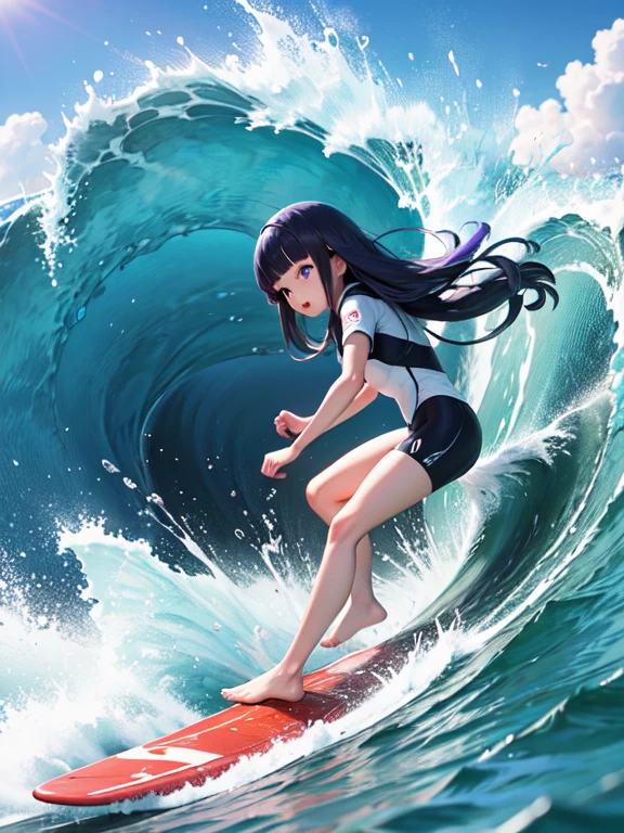 (surfing), Big Wave, performance, surfboard, dynamic, Splash of the sea, Sports, action, girl, alone, (Rika Furude), Blue Hair, Purple eyes, Long Hair, blunt bangs, bangs, I&#39;m 11 years old, 