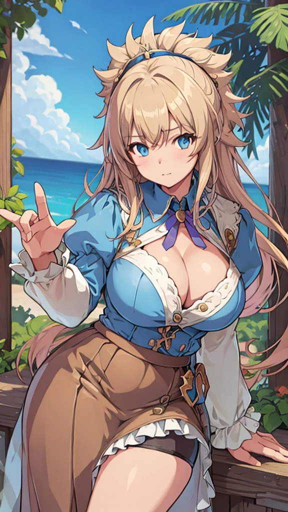 High detailed, 1 girl, light Brown long spiked hair, busty, firm plump body, , Juliet sleeves, pencil BLUE skirt, deep cleavage, Juliet sleeves 