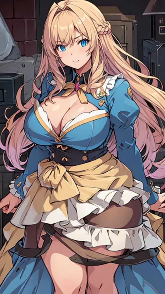 High detailed, 1 girl, light Brown long spiked hair, busty, firm plump body, , Juliet sleeves, pencil BLUE skirt, deep cleavage, Juliet sleeves