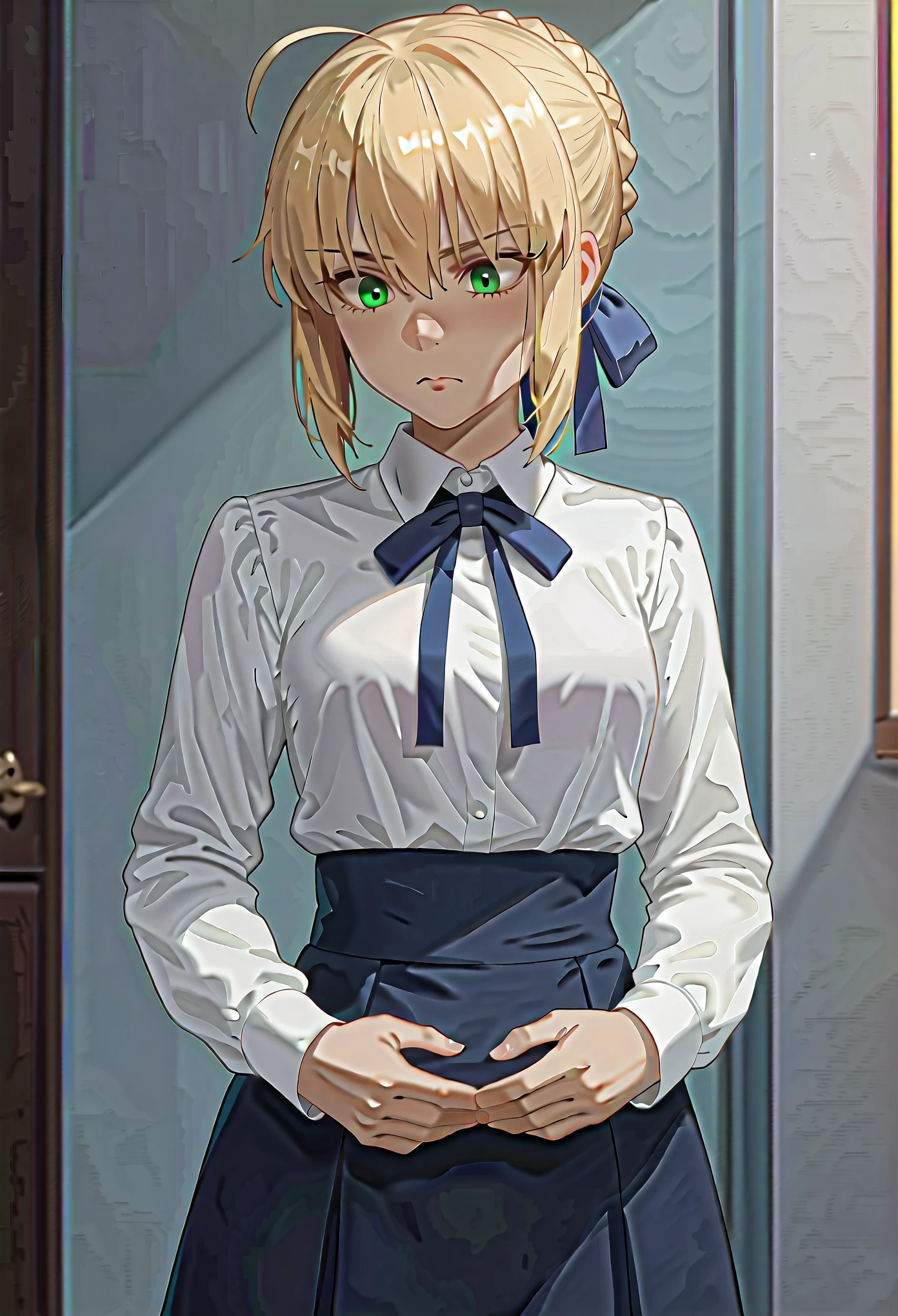 score_9,score_8_up,score_7_up, 1girl, solo, character: artoria_pendragon_(fate), character: saber_(fate), green_eyes, hair_between_eyes, blonde_hair, short_hair, single_hair_bun, ahoge, braid, braided_bun, hair_bun, hair_ribbon, sidelocks, shirt, white_shirt, blue_ribbon, long_sleeves, ribbon, black pantyhoses, confused face ,hands on body, standing, indoor, hall, looking down, 