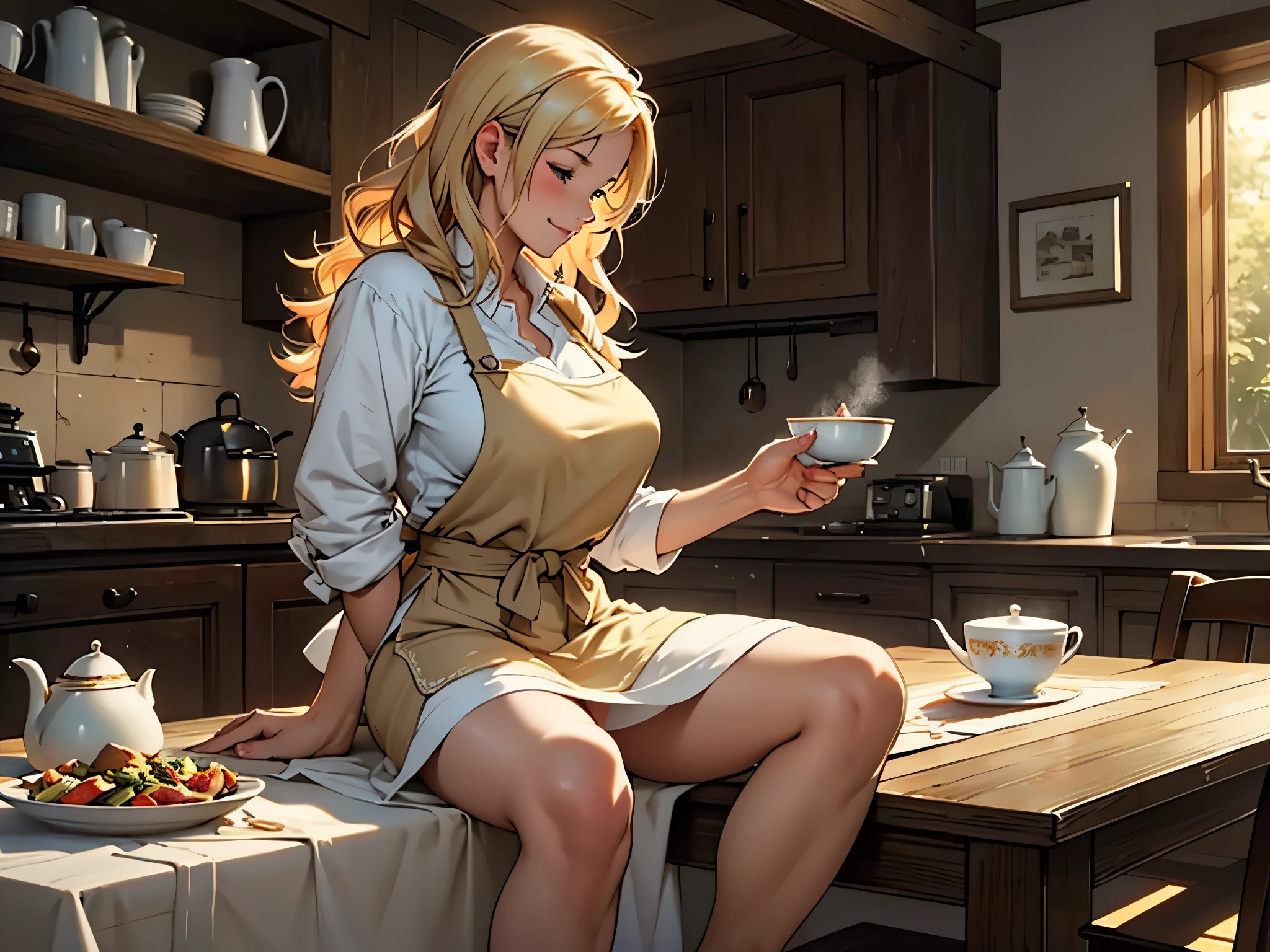 a mature woman with big round pump breasts,deep cleavage,thick thighs,fleshy thighs,long legs,holding a banana。spreading her legs,underwear,open her legs,the golden-haired housewife now sitting at her dining table. The room is filled with the comforting aromas of a freshly prepared meal. The table is set with fine china and silverware, each piece reflecting the soft light of the setting sun that filters through the window panes. A large, rustic wooden table is the centerpiece of the dining area, its surface polished by years of family gatherings and shared meals. She sits with an air of casual elegance, her golden curls framing her face as she rests her elbows lightly on the smooth surface of the table. Perhaps there's a half-empty cup of tea before her, steam gently rising and curling into the air. The cream-stained apron has been discarded, revealing an outfit that suggests comfort blended with style. Her smile is warm and inviting, her eyes sparkling with a hint of mischief, ready to engage in lively conversation or share stories of the day. The atmosphere around her is one of tranquility and joy, a sanctuary created by her loving hands, where the cares of the world seem to melt away. It's a place where family and friends gather, where memories are made, and where the simple pleasures of life are celebrated.