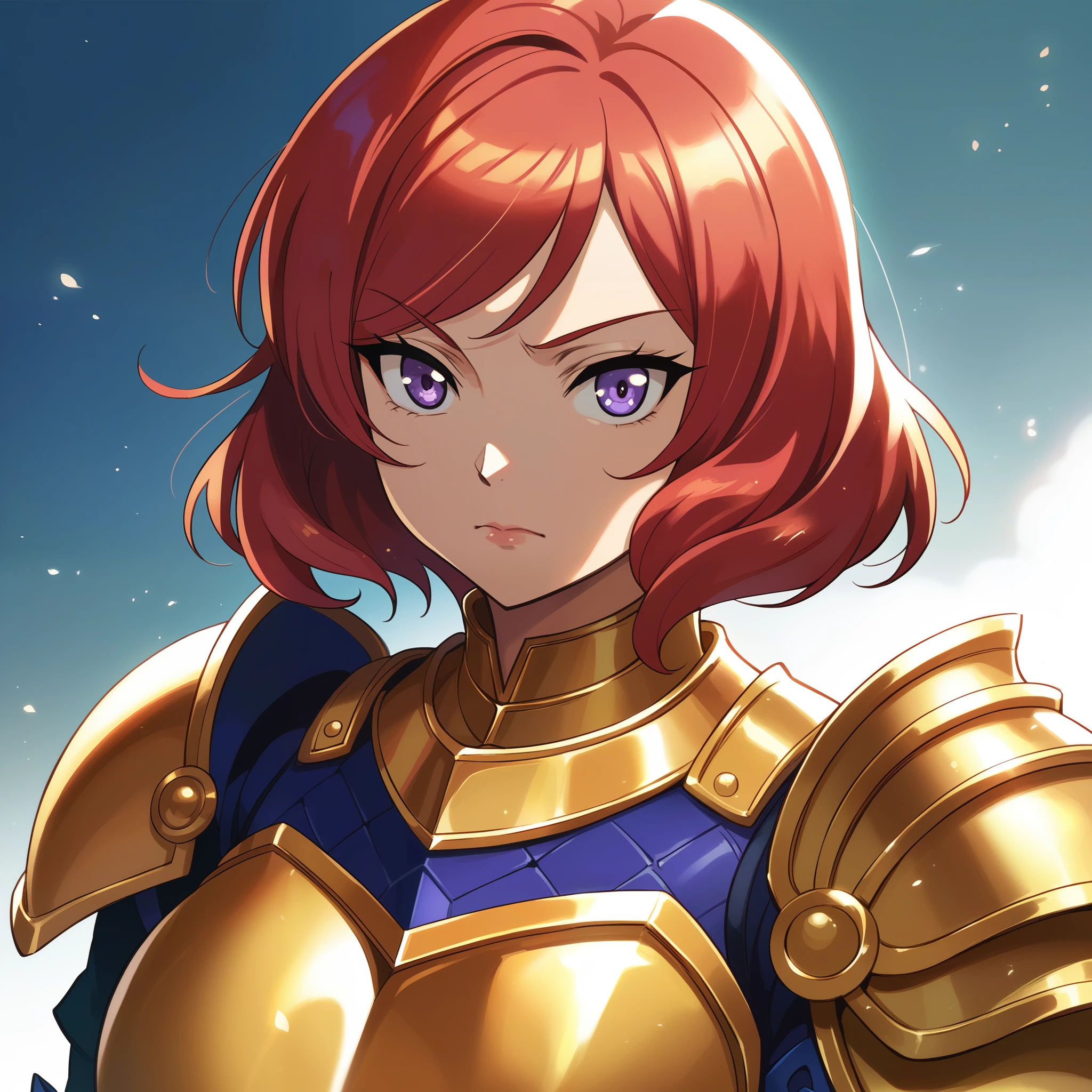 Nishikino maki, Purple eyes, red hair, short hair,(armor:1.2),Golden Armor , llchar,  upper body,solo, big breasts,(lipstick:0.7),sun closed mouth 