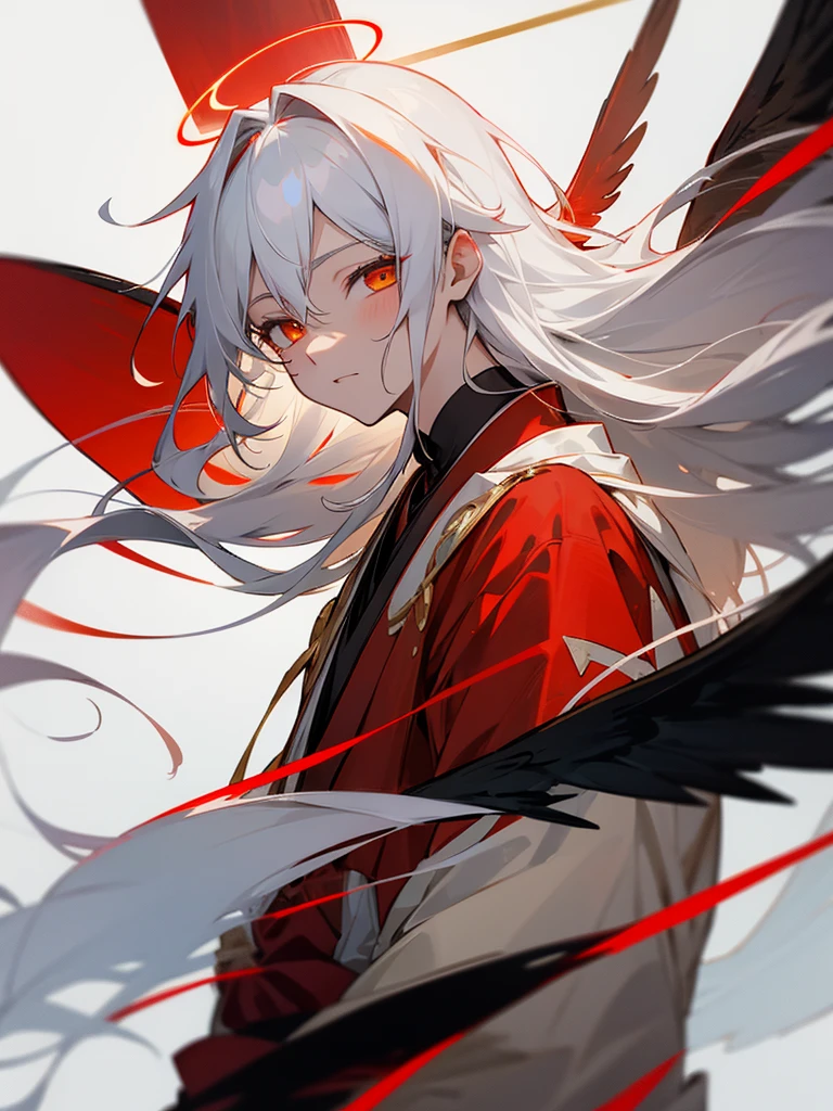 1 boy, Japanese costume, golden eyes, long hair, white hair, calm look, light background, red halo on head, red halo, black angel wings, black wings.