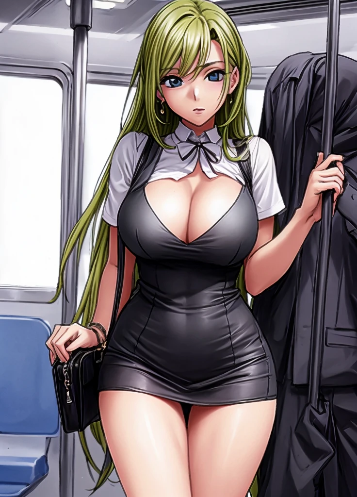 A beautiful woman with big breasts and beautiful legs is standing on a train wearing a miniskirt dress-like outfit that accentuates her breasts.。