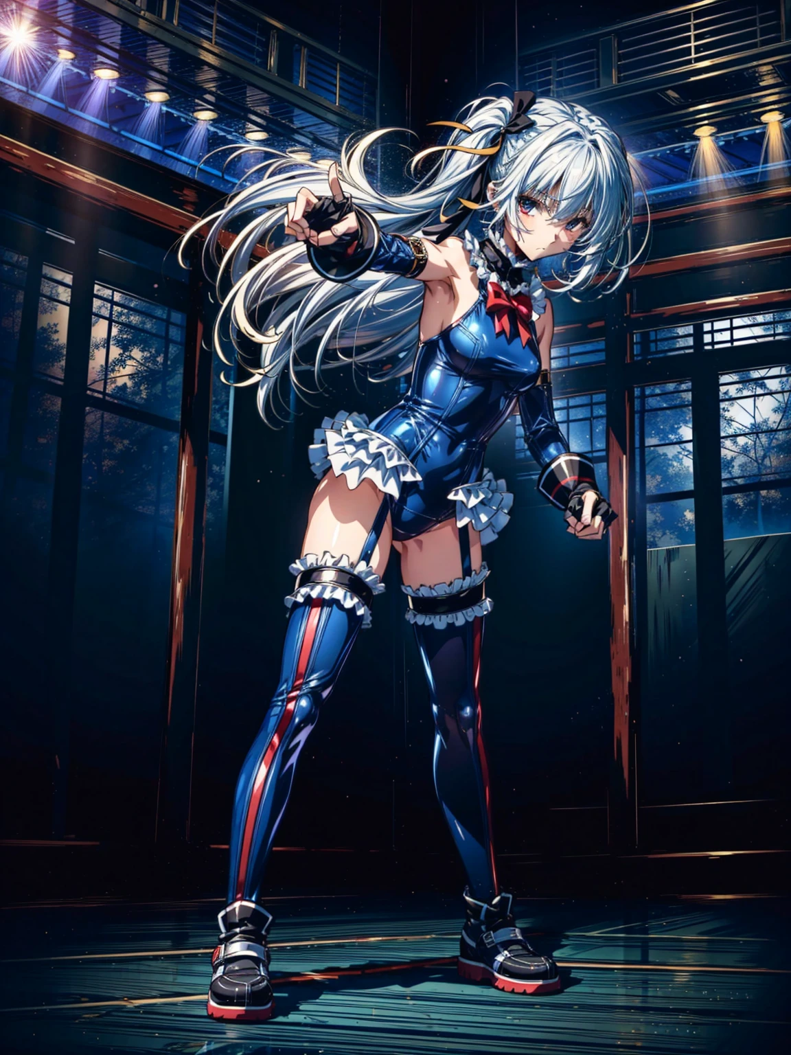 Masterpiece, Very detailed, Highest quality, Sharp focus, 12k, ultra hi resolution picture, big ,12k,Perfect ???????, Highest quality,,(Emotionless:1.2)
,Anime Style,(frilled swimsuit,thighhighs,detached sleeves), (Anime Style:1.4) ,
,(White fingers:1.1,Black gloves),
(Inside the fighting :1.4),,(full body:1.3),
