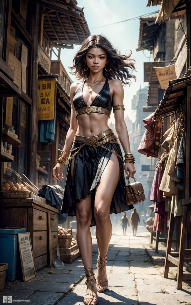 (Zendaya:Elizabeth Banks), Hyborian Age, ancient city, walking in a market, slightly muscular, hyperdetailed painting, luminism, art by Carne Griffiths and Wadim Kashin concept art, dark skin, bracelet, navel, earrings, solo focus, anklet, dark-skinned female, midriff, blurry background, long hair, necklace, cleavage, black hair, skirt, realistic,